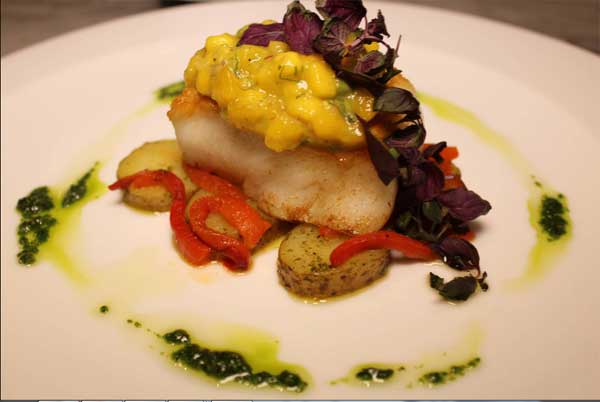 Pan Fried Alantic Cod Mango and Avocado Salsa Buttered Cocktail Potatoes and Violet Leaves
